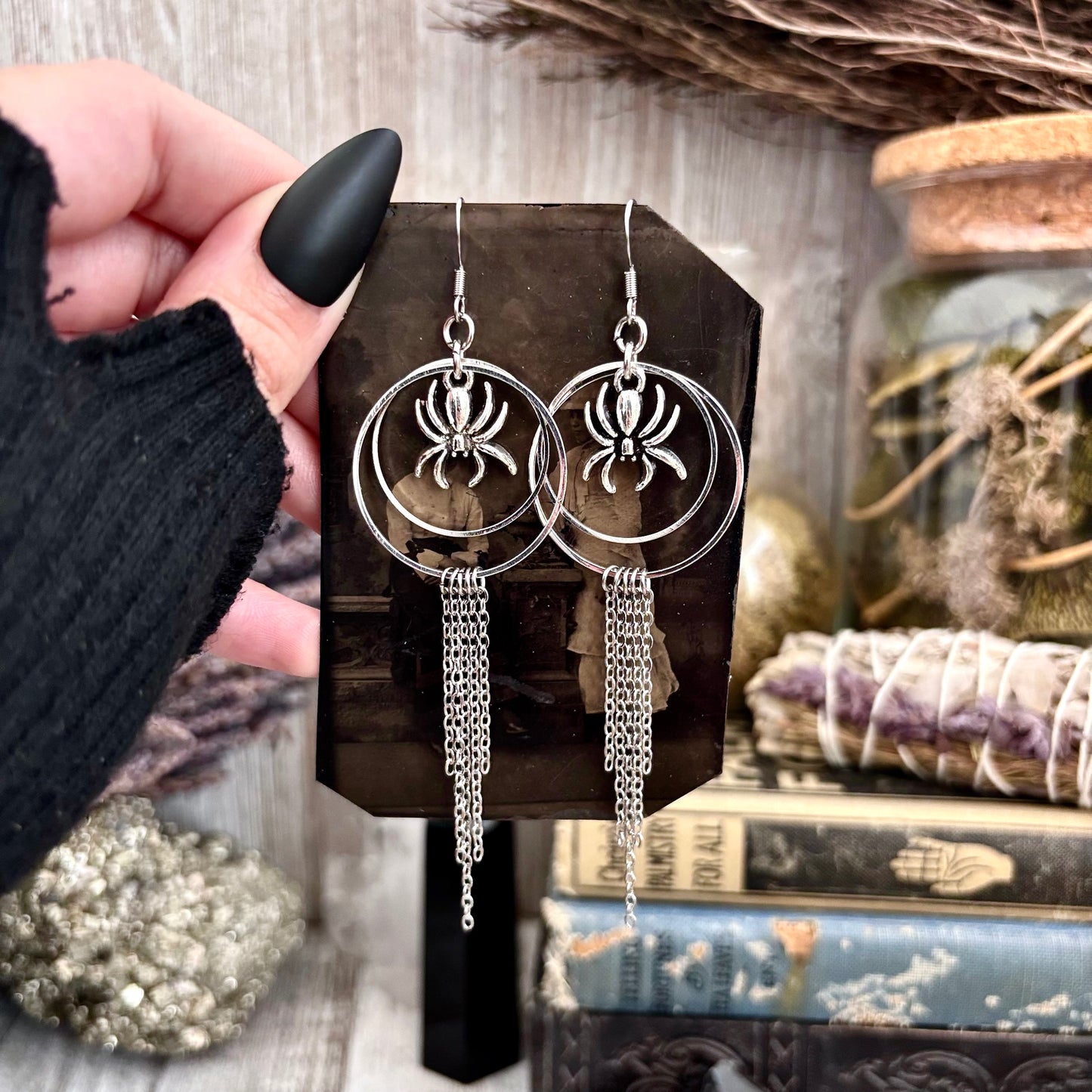 Silver Spider Earrings Stainless Steel Hoop and Fringe / Long Dangle Punk Earrings