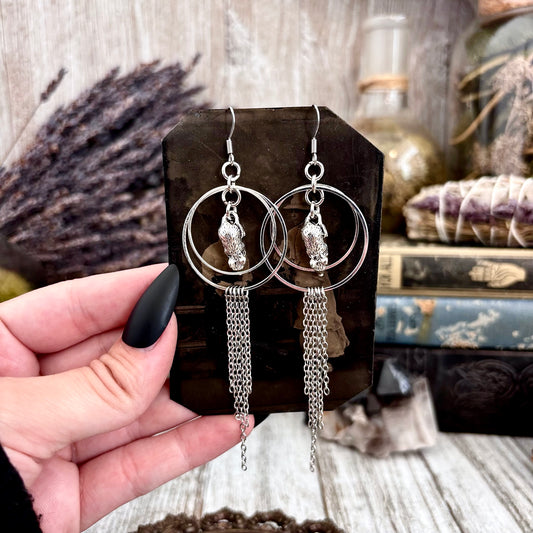 Silver Rat Earrings Stainless Steel Hoop and Fringe / Long Dangle Grunge Earrings