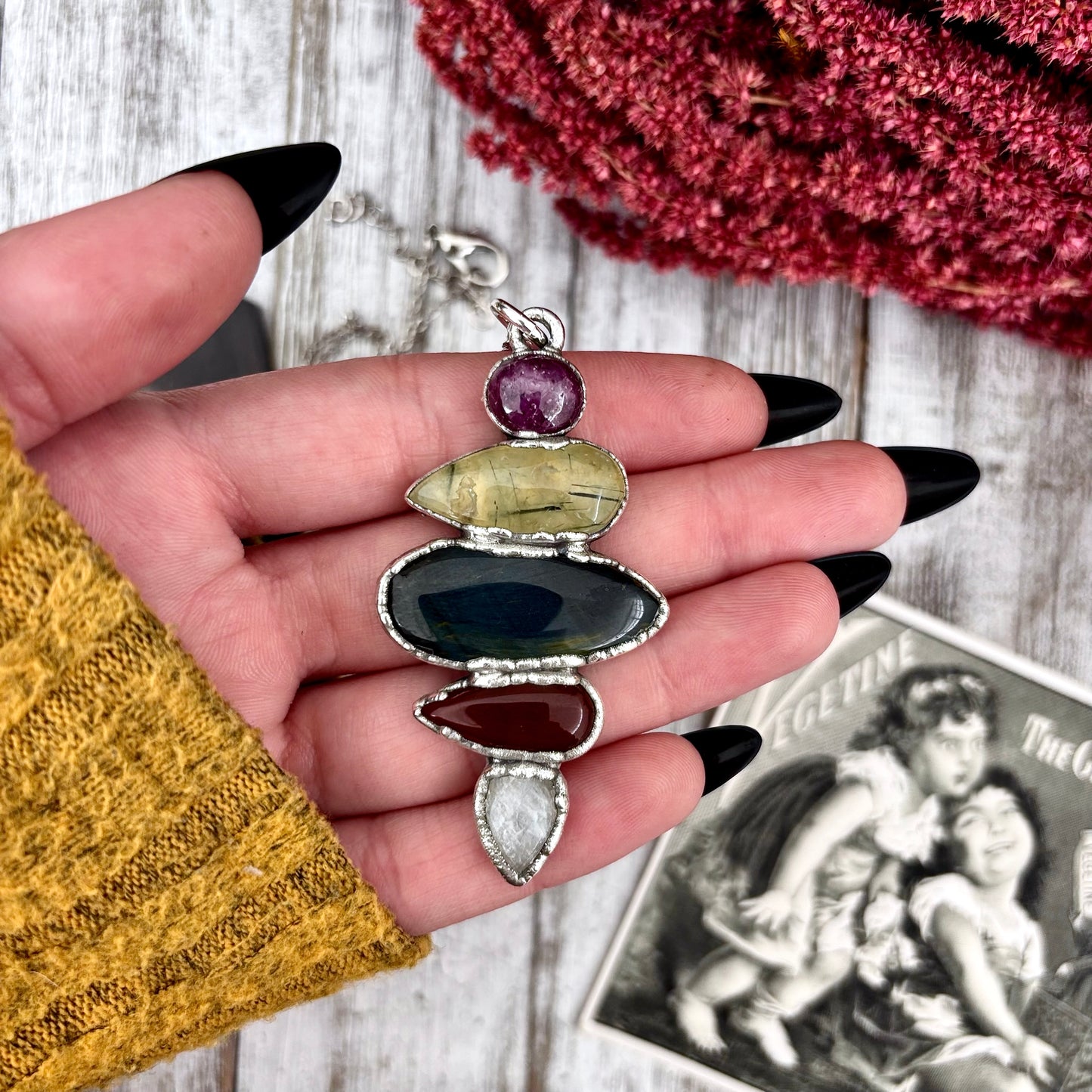 Multi Stone Star Ruby Prehnite Blue Tigers Eye Carnelian Rainbow Moonstone Necklace Silver / Foxlark Collection