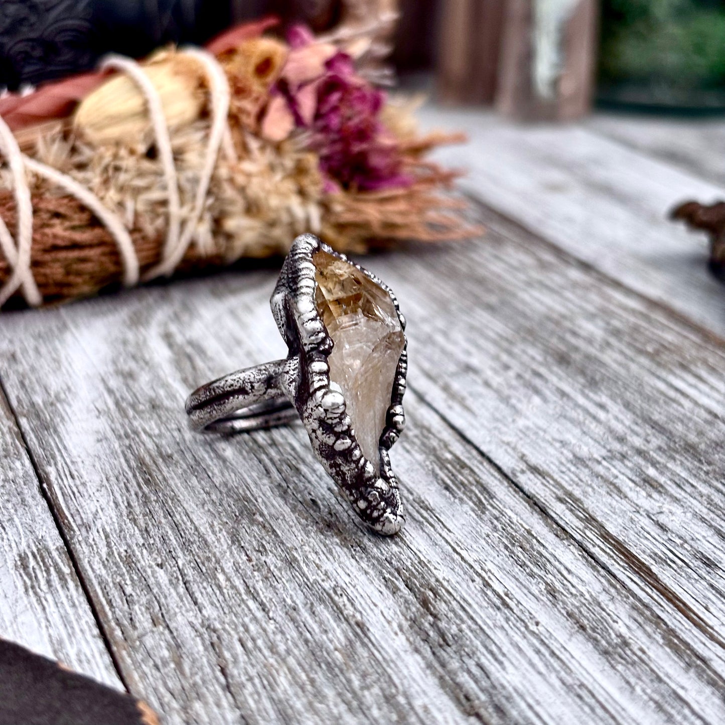 Raw Citrine Crystal Point Ring Set in Fine Silver Size 9 / Foxlark Collection - One of a Kind