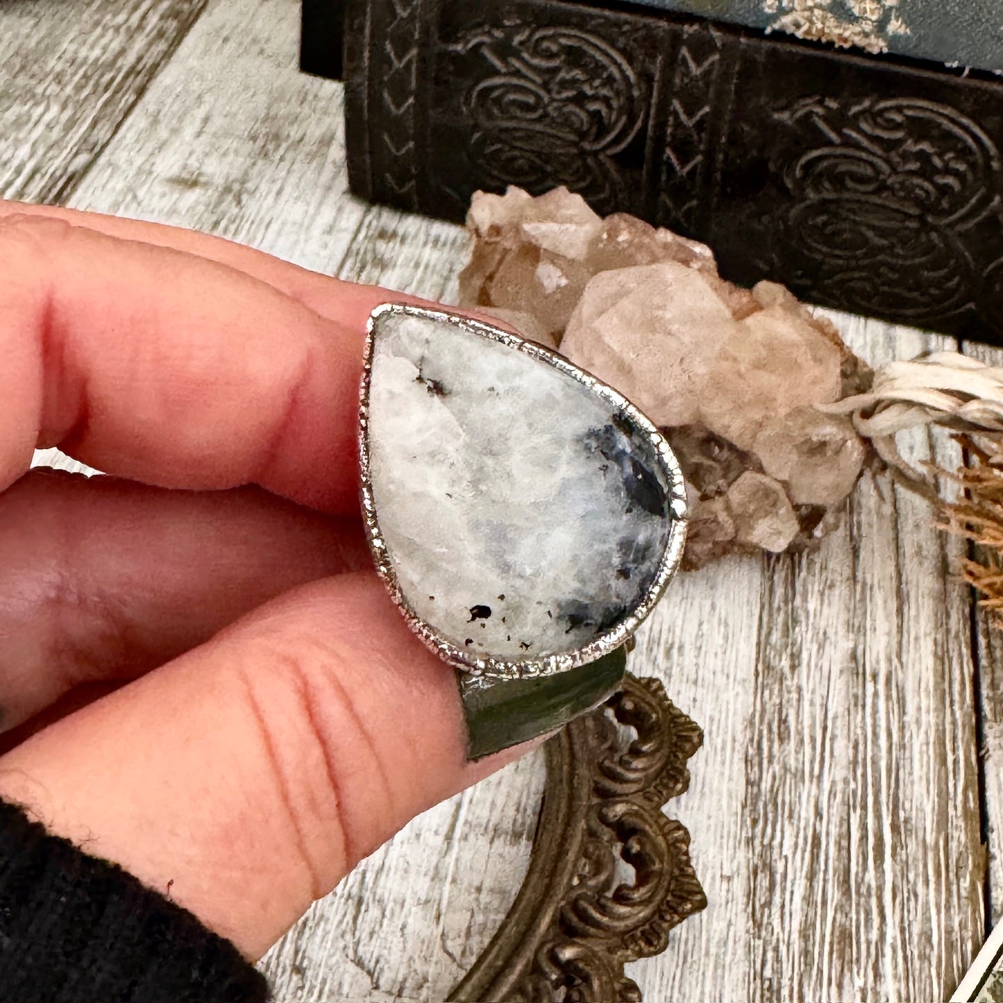 Rainbow Moonstone with Black Tourmaline Ring Silver Size 6.5 / Foxlark Collection