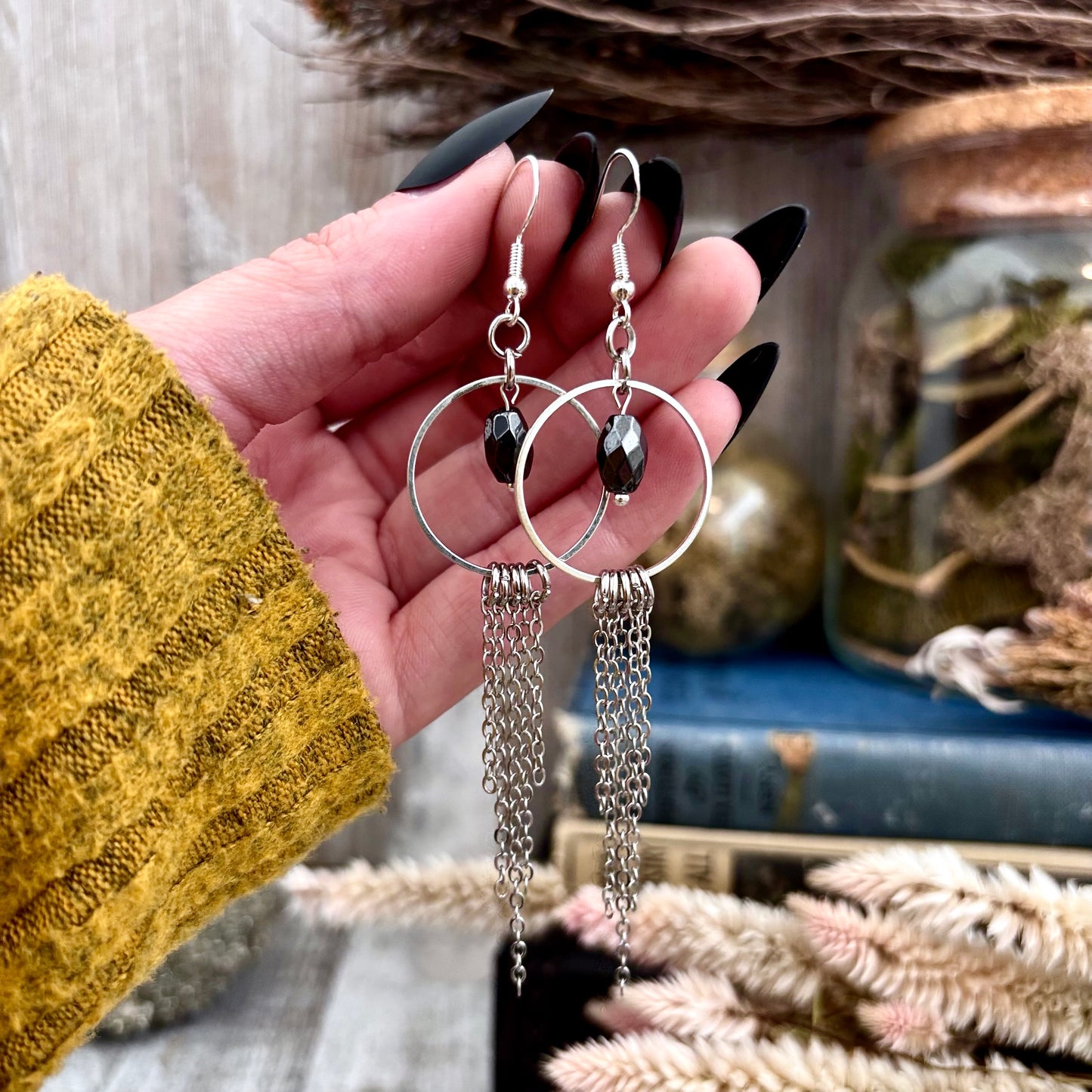 Hematite Hoop Fringe Earrings / Long Dangle Witchy Earrings