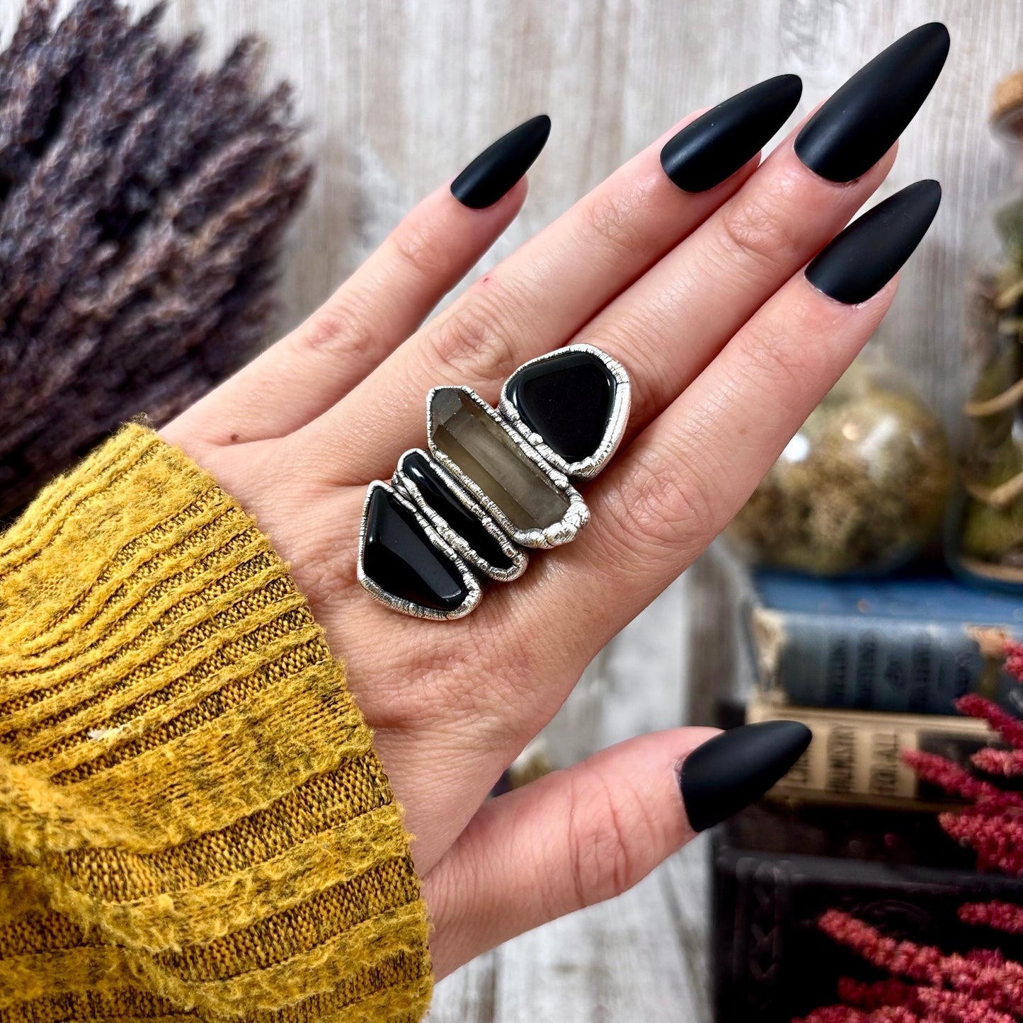 Multi Stone Black Obsidian Smoky Quartz Ring In Silver Size 10 / Foxlark Collection