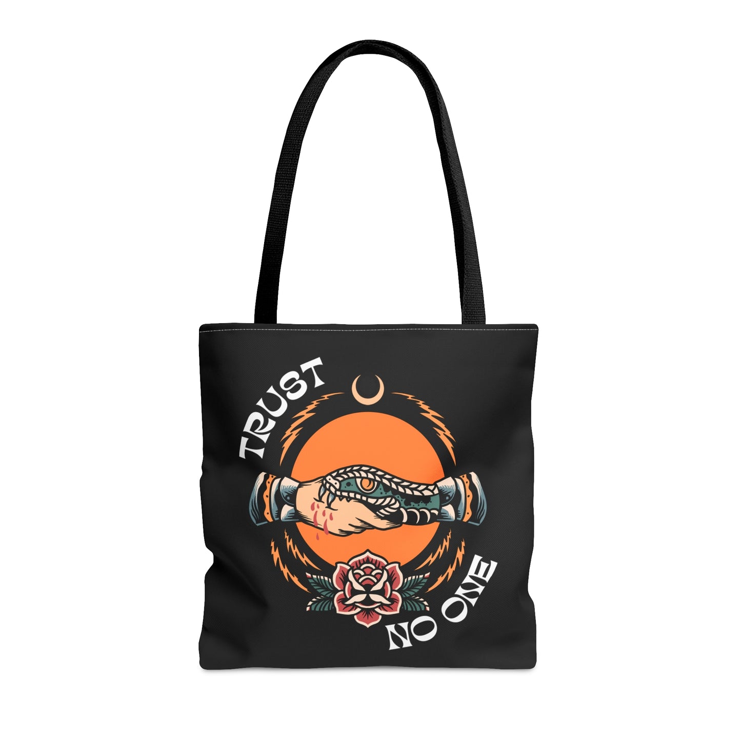 Trust No One Snake Bite Tattoo Tote Bag in Black / Vintage American Old School Traditional Tattoo Flash / Punk Rock Beach Shopping - Foxlark Crystal Jewelry