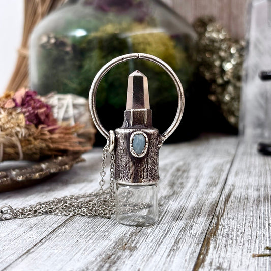 Clear Quartz and Aquamarine Crystal Necklace / Silver Rollerball Necklace