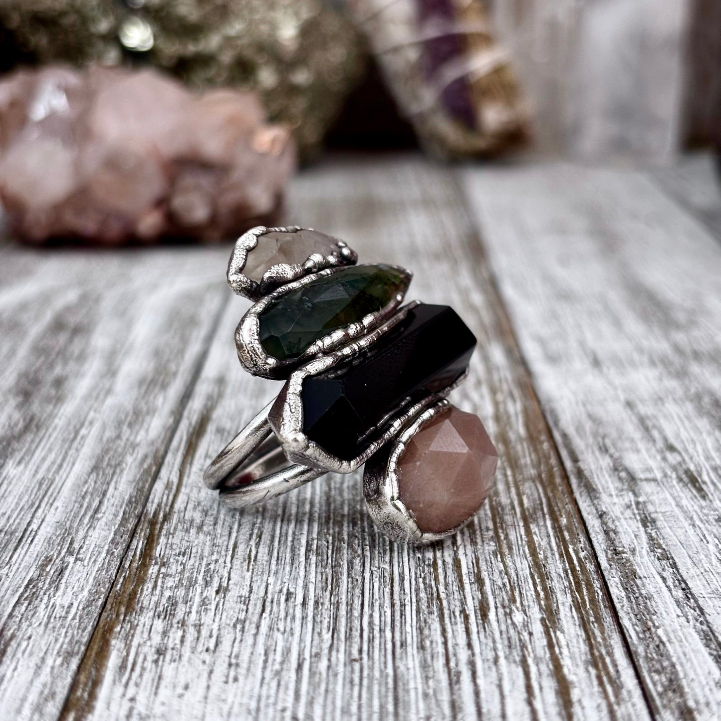 Multi Stone Clear Quartz Moss Agate Black Obsidian Peach Moonstone Ring In Silver Size 10 / Foxlark Collection
