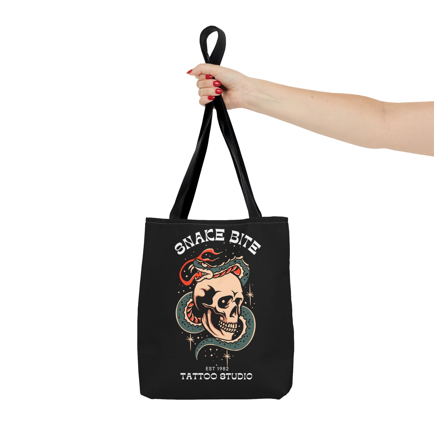 Snake Bite Tattoo Studio Black Tote Bag - Foxlark Crystal Jewelry