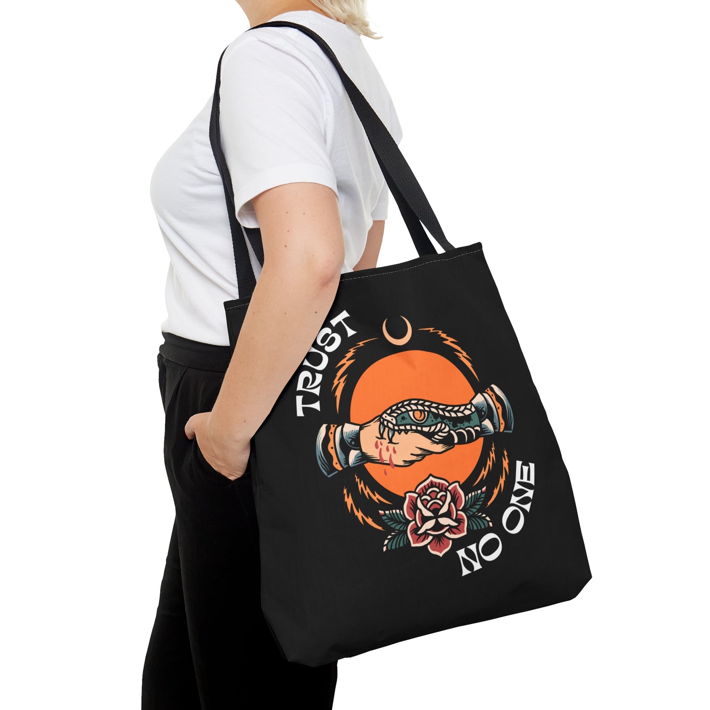 Trust No One Snake Bite Tattoo Tote Bag in Black / Vintage American Old School Traditional Tattoo Flash / Punk Rock Beach Shopping - Foxlark Crystal Jewelry