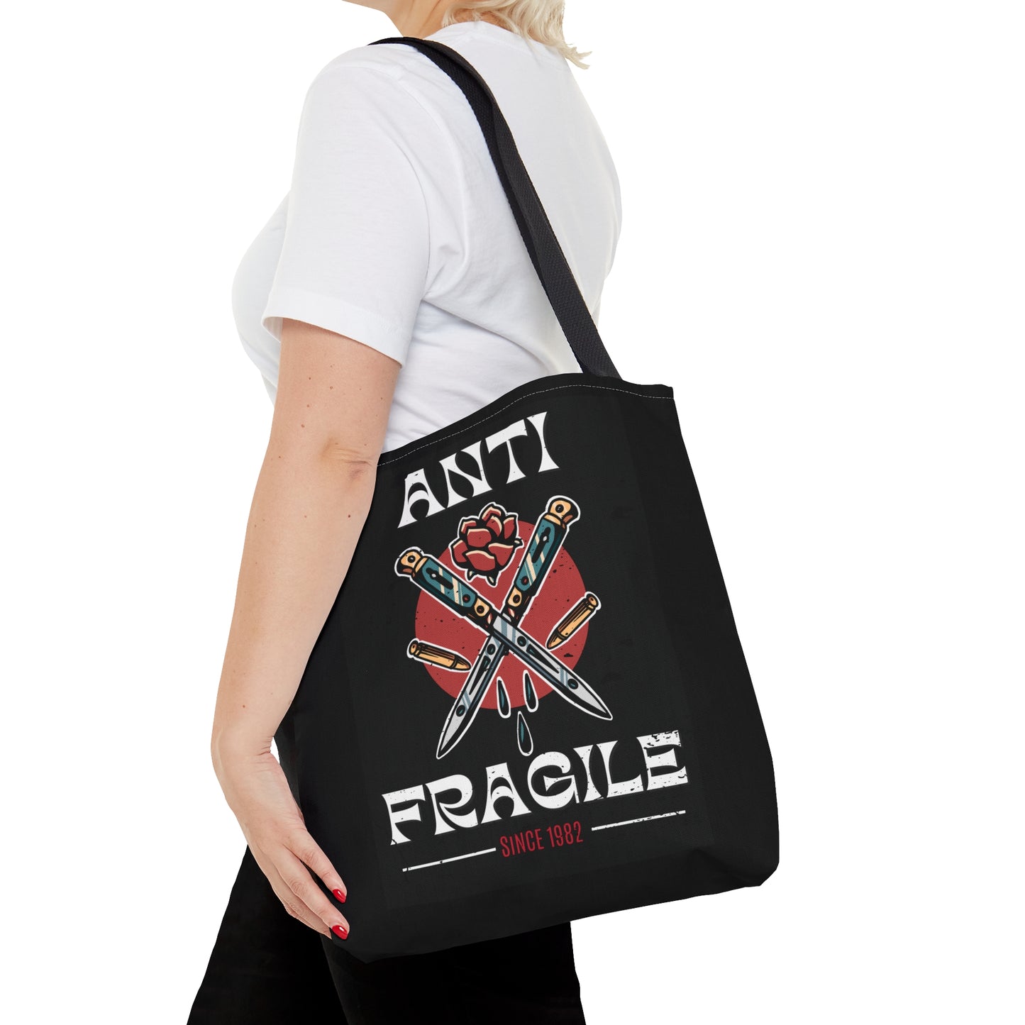 Anti Fragile Tattoo Tote Bag in Black / Vintage American Old School Traditional Tattoo Flash / Punk Rock Beach Shopping - Foxlark Crystal Jewelry