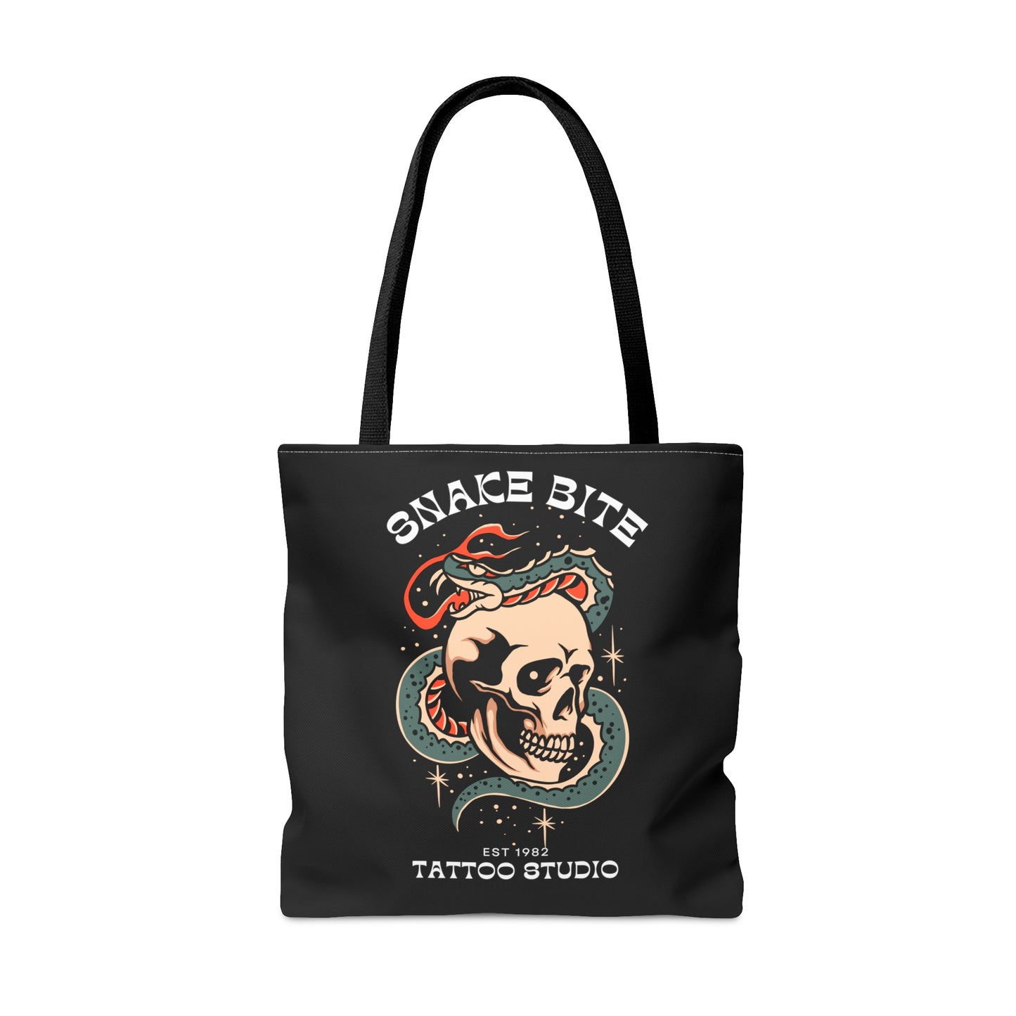 Snake Bite Tattoo Studio Black Tote Bag - Foxlark Crystal Jewelry