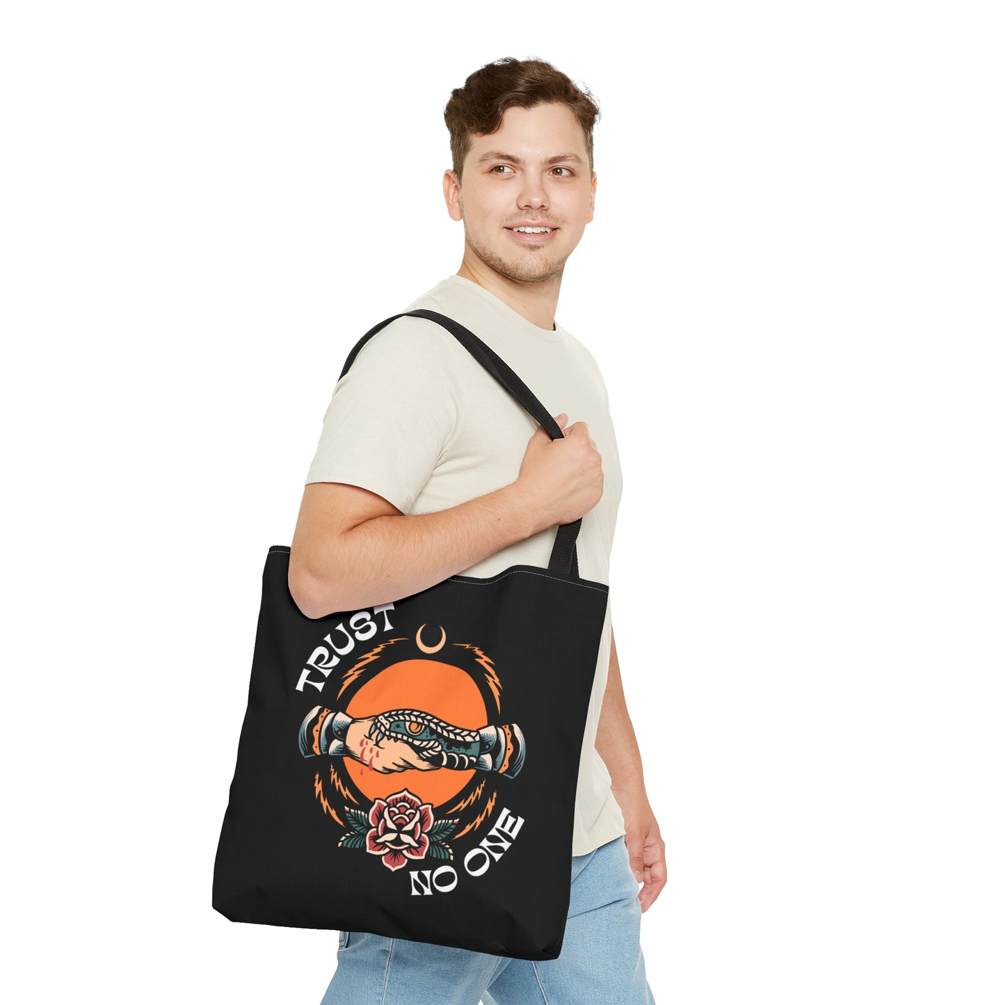 Trust No One Snake Bite Tattoo Tote Bag in Black / Vintage American Old School Traditional Tattoo Flash / Punk Rock Beach Shopping - Foxlark Crystal Jewelry