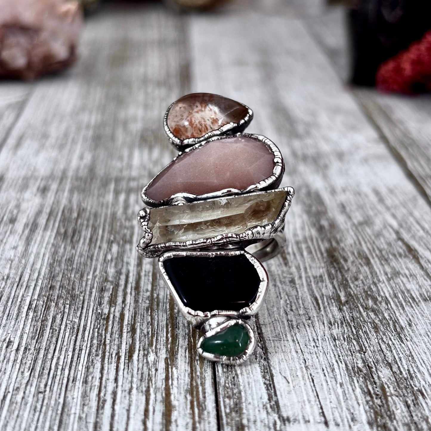 Multi Stone Aventurine Obsidian Clear Quartz Peach Moonstone Garden Quartz Ring In Silver Size 8 / Foxlark Collection