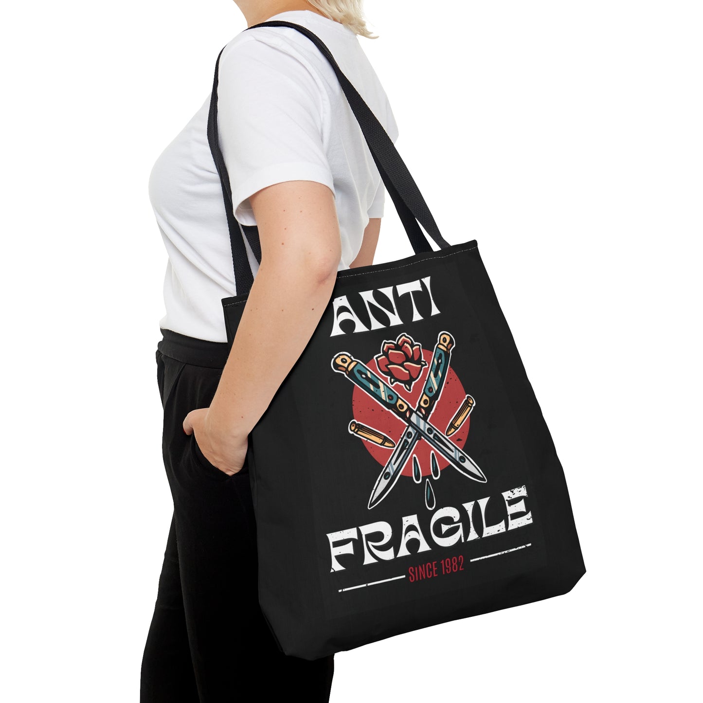 Anti Fragile Tattoo Tote Bag in Black / Vintage American Old School Traditional Tattoo Flash / Punk Rock Beach Shopping - Foxlark Crystal Jewelry