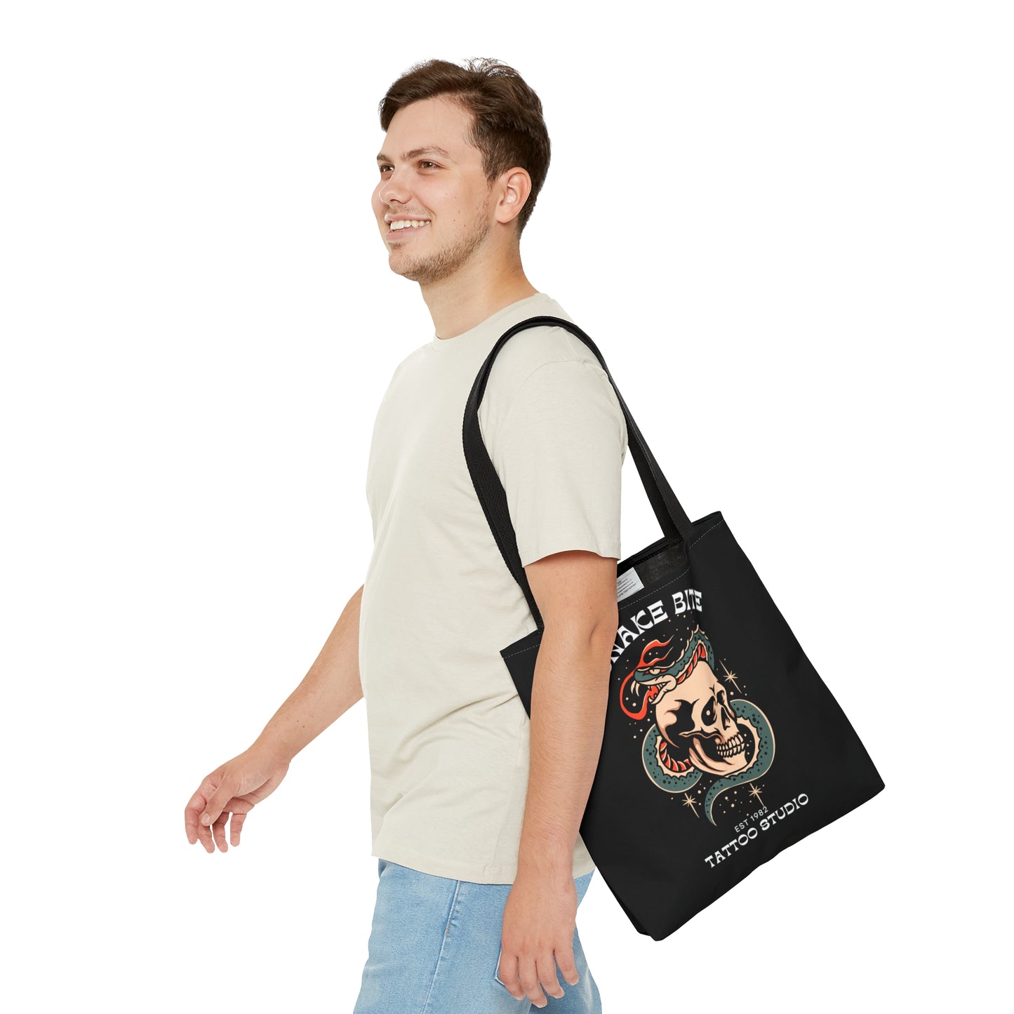 Snake Bite Tattoo Studio Black Tote Bag - Foxlark Crystal Jewelry