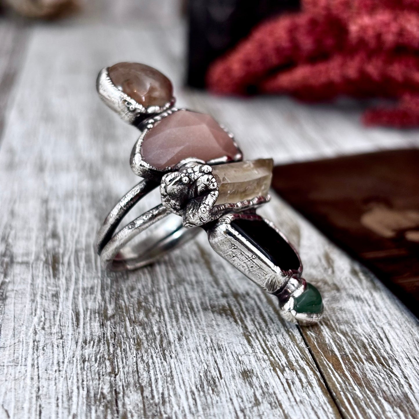 Multi Stone Aventurine Obsidian Clear Quartz Peach Moonstone Garden Quartz Ring In Silver Size 8 / Foxlark Collection