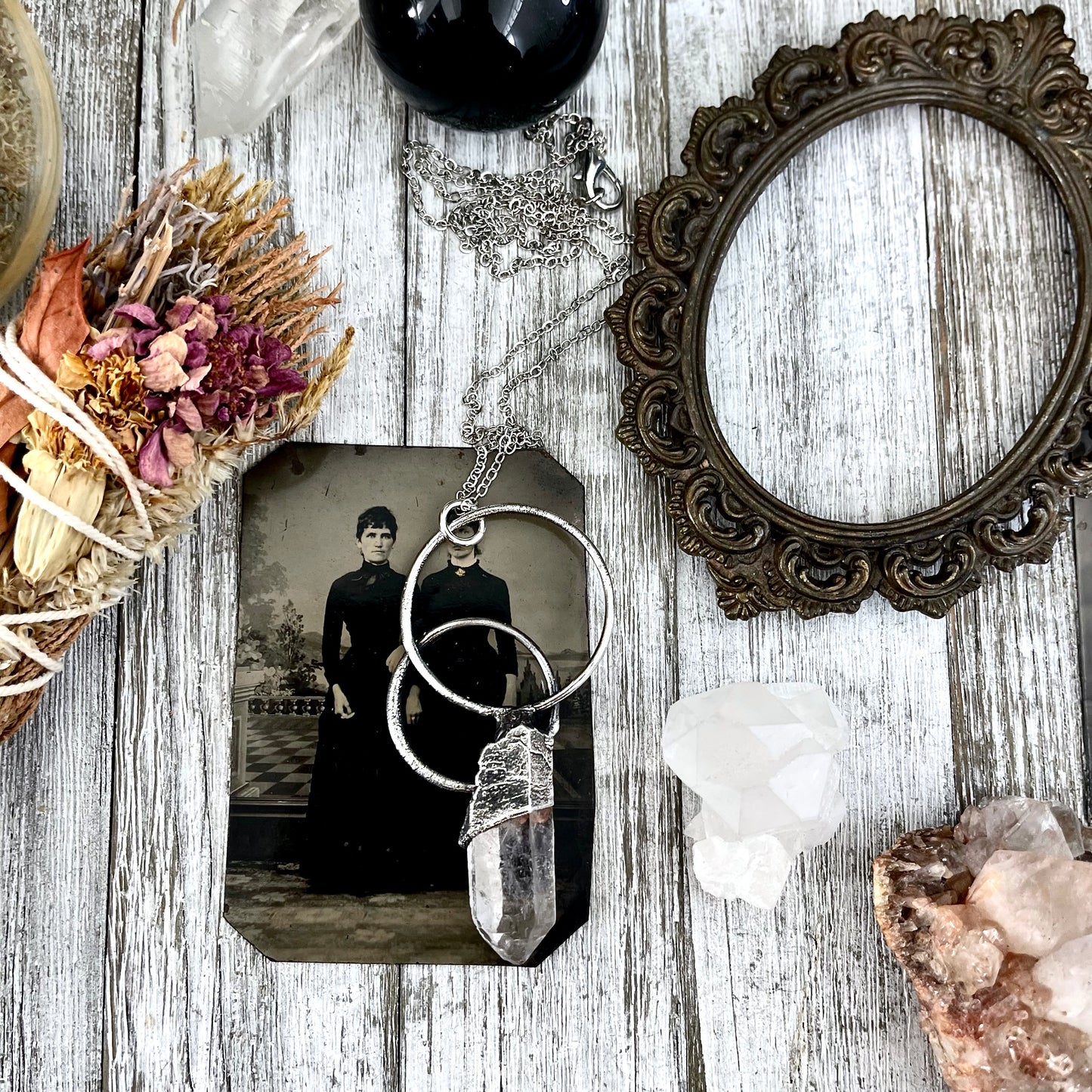 Big clear quartz crystal necklace in fine silver from FOXLARK, featuring a one-of-a-kind natural gemstone pendant.