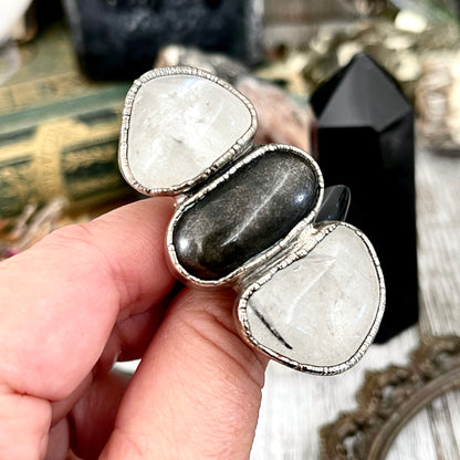 Size 10 Crystal Ring - Three Stone Ring Silver Sheen Obsidian Tourmaline Quartz Clear Quartz Silver Ring / Foxlark Collection - One of a Kind