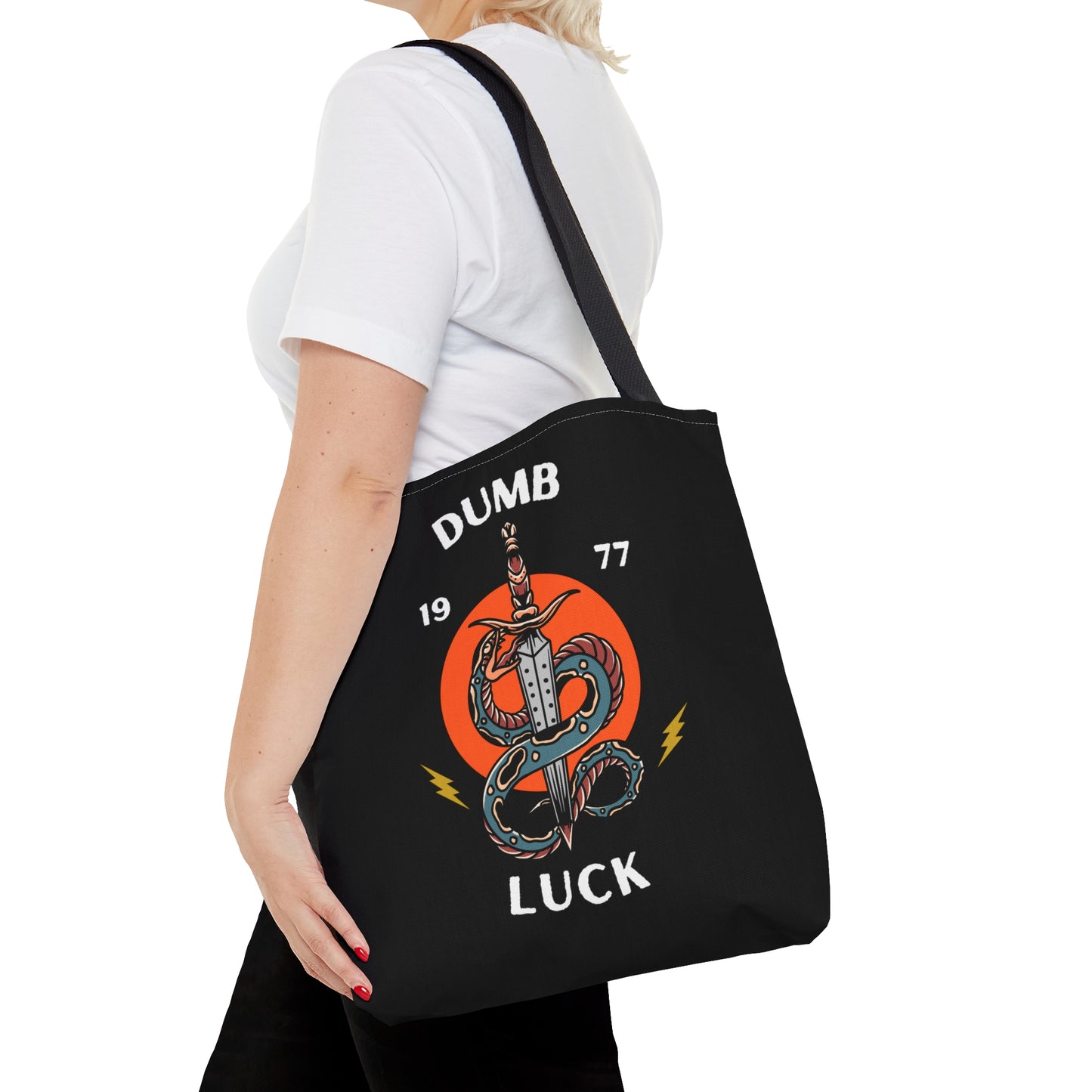 Dumb Luck Snake and Dagger Tattoo Tote Bag in Black / Vintage American Old School Traditional Tattoo / Punk Rock Alternative Beach - Foxlark Crystal Jewelry