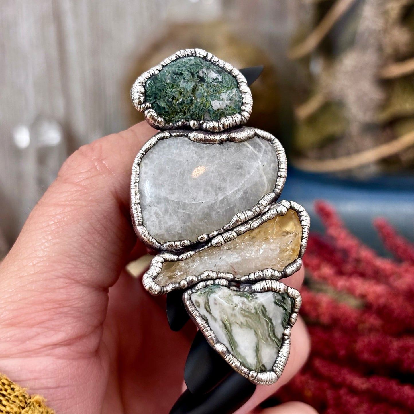 Multi Stone Moss Agate Citrine Rainbow Moonstone Ring In Silver Size 10 / Foxlark Collection