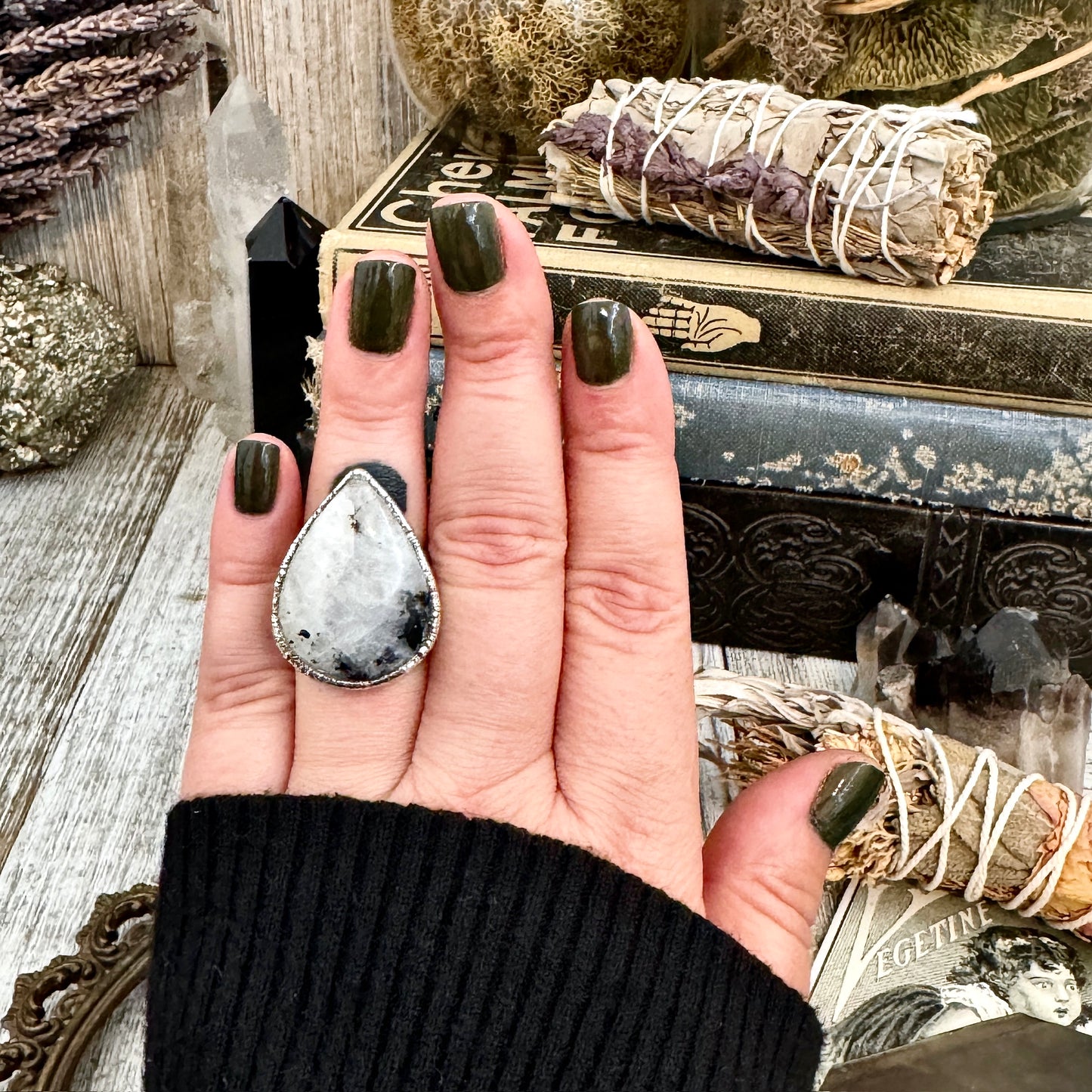 Rainbow Moonstone with Black Tourmaline Ring Silver Size 6.5 / Foxlark Collection
