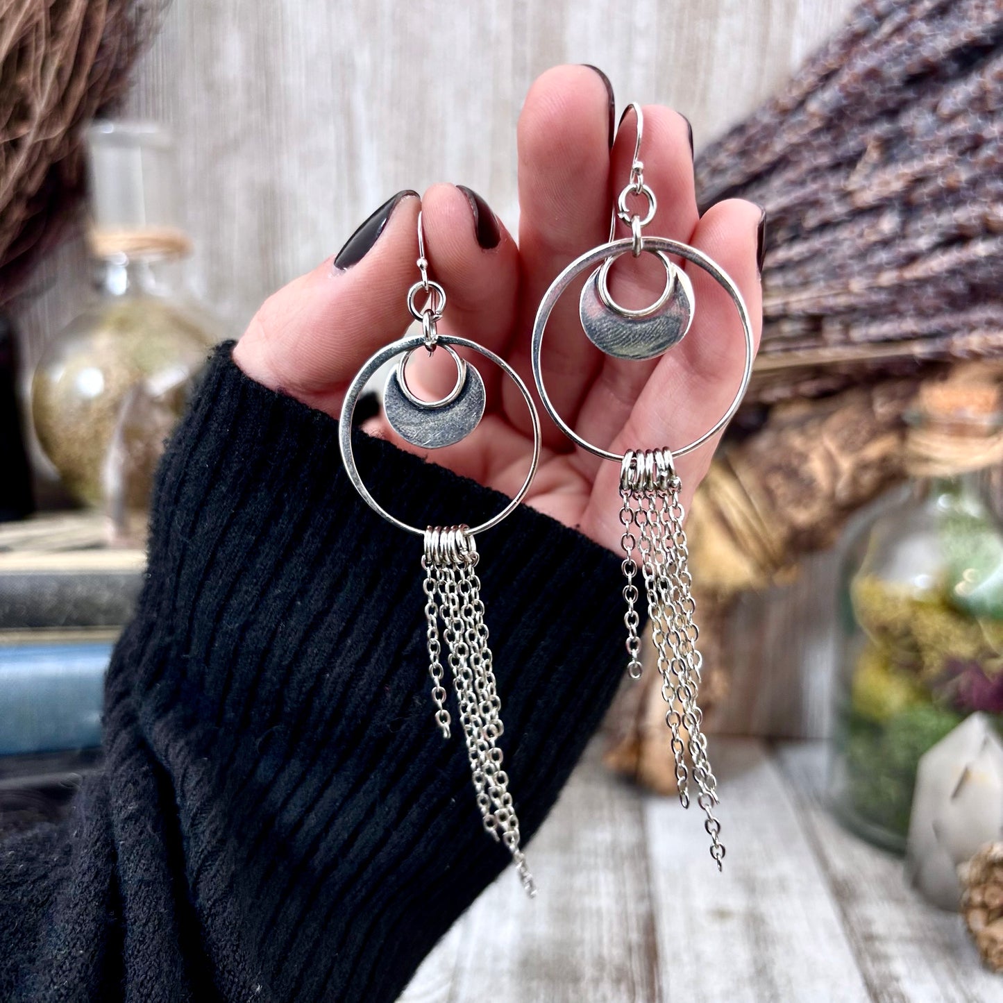 Sterling Silver Hoop Fringe Earrings / Long Dangle Witchy Earrings