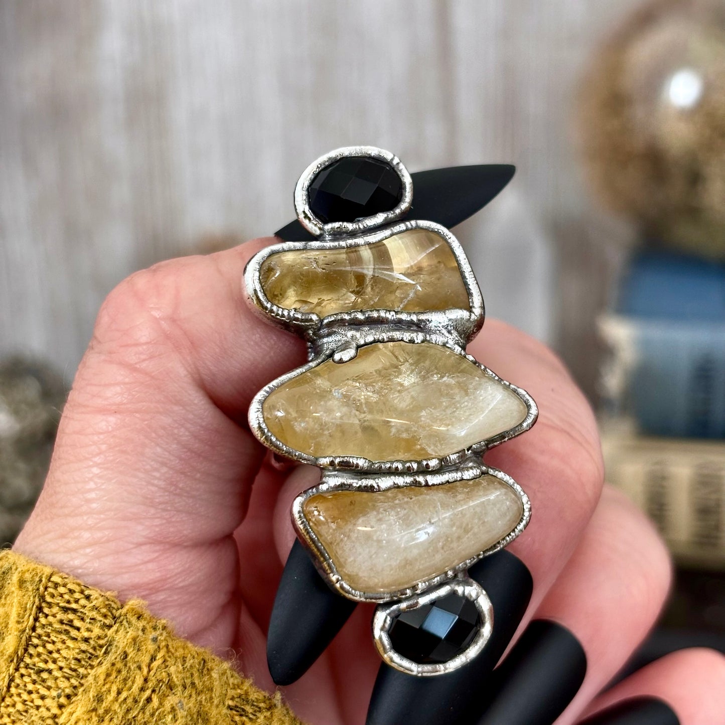 Multi Stone Citrine Black Onyx Ring In Silver Size 6.5 / Foxlark Collection