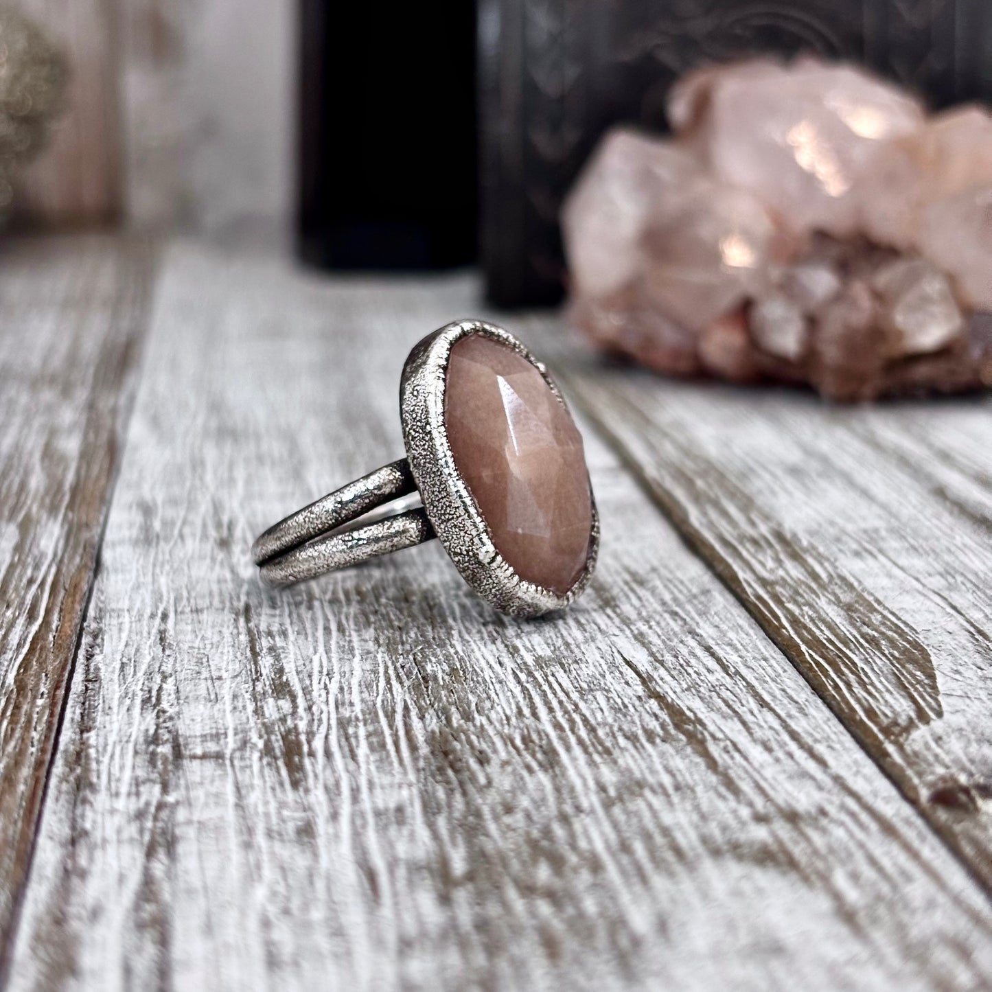 Peach Moonstone Ring Fine Silver Stone Ring Size 8 / Foxlark Collection