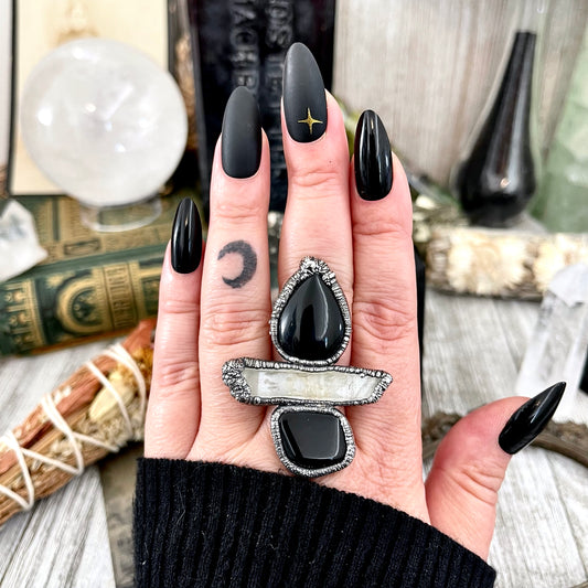 Size 7.5 Crystal Ring - Three Stone Ring Black Onyx Raw Clear Quartz Ring Silver / Foxlark Collection - One of a Kind