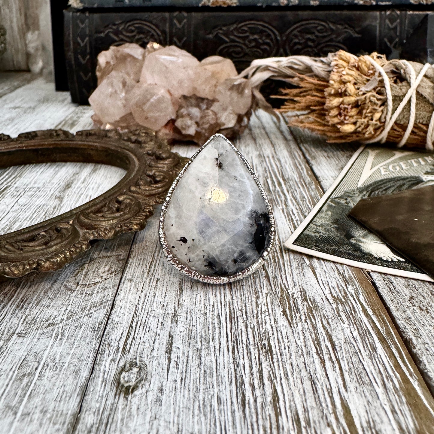 Rainbow Moonstone with Black Tourmaline Ring Silver Size 6.5 / Foxlark Collection