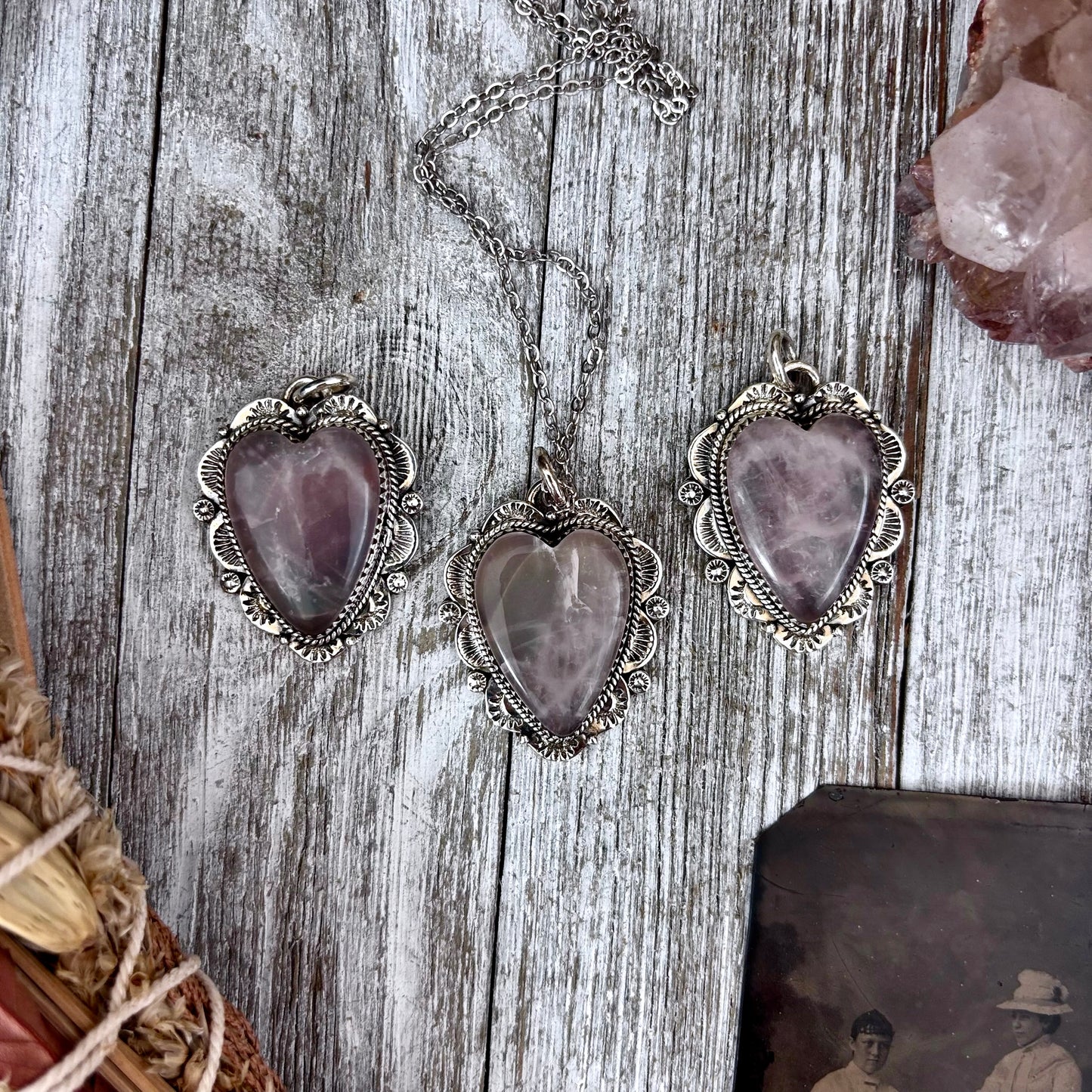 Rose Quartz Crystal Heart Necklace in Sterling Silver -Designed by FOXLARK Collection
