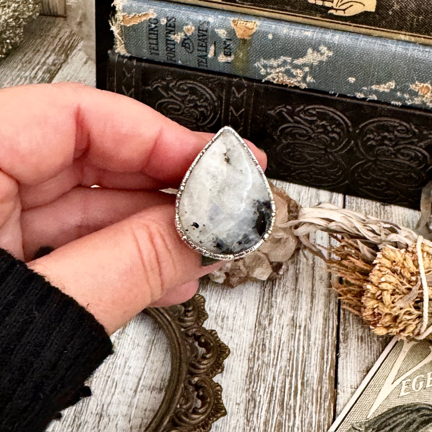 Rainbow Moonstone with Black Tourmaline Ring Silver Size 6.5 / Foxlark Collection