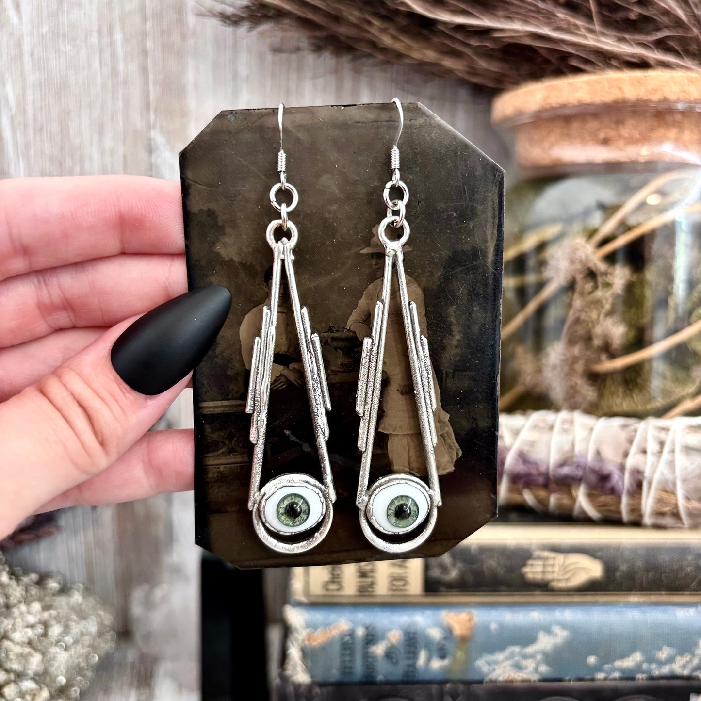 Green Iris Eyeball Fine Silver Earrings / Long Dangle Witchy Earrings