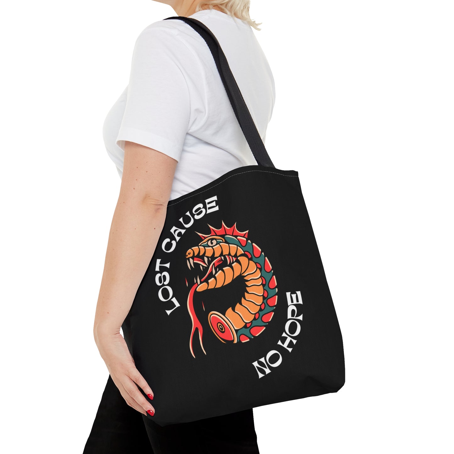 Lost Cause No Hope Snake Head Tattoo Tote Bag in Black - Foxlark Crystal Jewelry