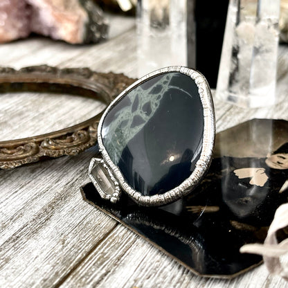 Size 10 Silver Spiderweb Obsidian Clear Quartz Ring Large Crystal Ring / Foxlark Collection - One of a Kind