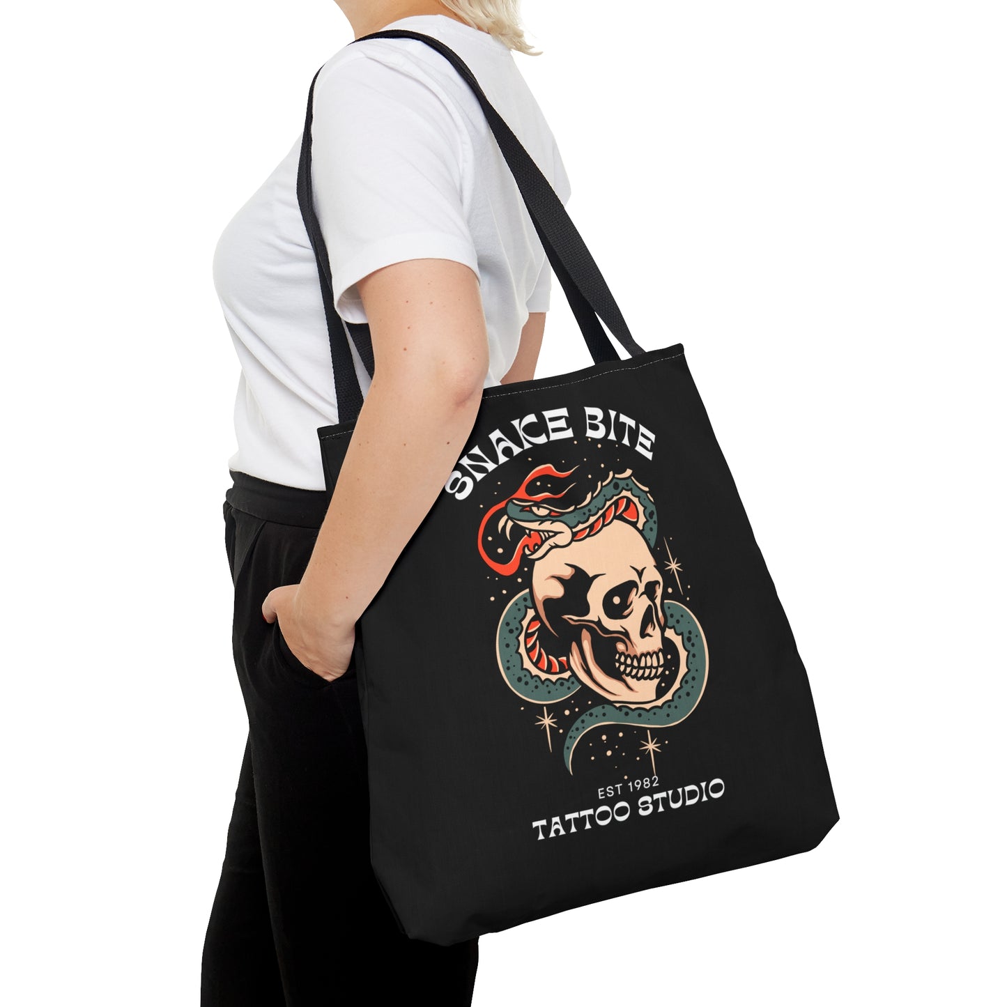 Snake Bite Tattoo Studio Black Tote Bag - Foxlark Crystal Jewelry