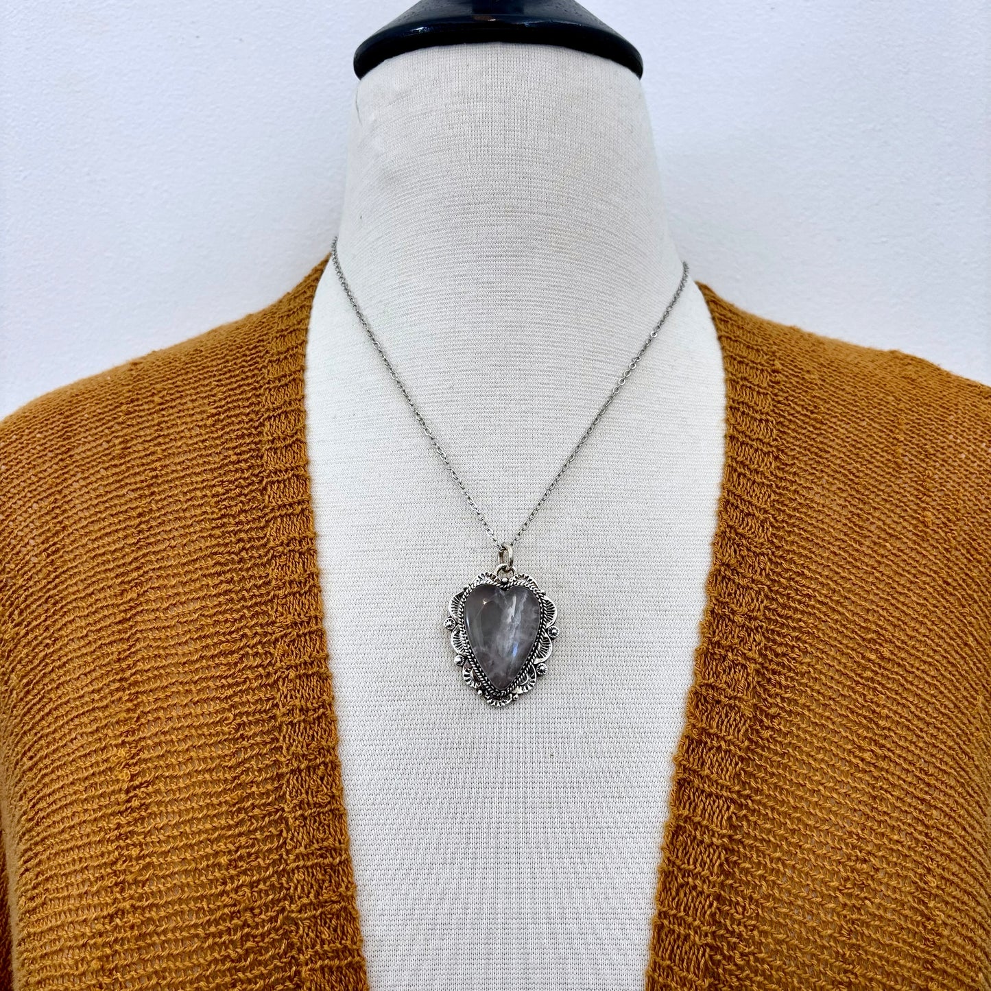 Rose Quartz Crystal Heart Necklace in Sterling Silver -Designed by FOXLARK Collection