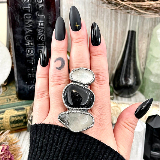 Size 8 Crystal Ring - Three Stone Ring Banded Agate Tourmaline Quartz Clear Quartz Silver Ring / Foxlark Collection - One of a Kind