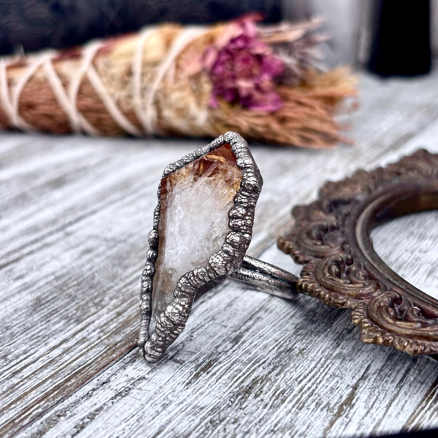 Raw Citrine Crystal Point Ring Set in Fine Silver Size 11 / Foxlark Collection - One of a Kind