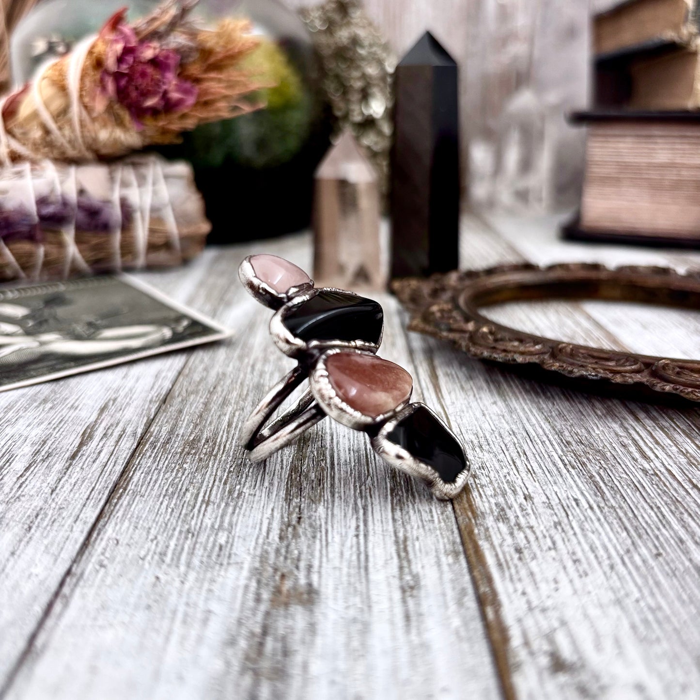 Multi Stone Black Obsidian Sun Stone Rose Quartz Ring In Silver Size 8 / Foxlark Collection