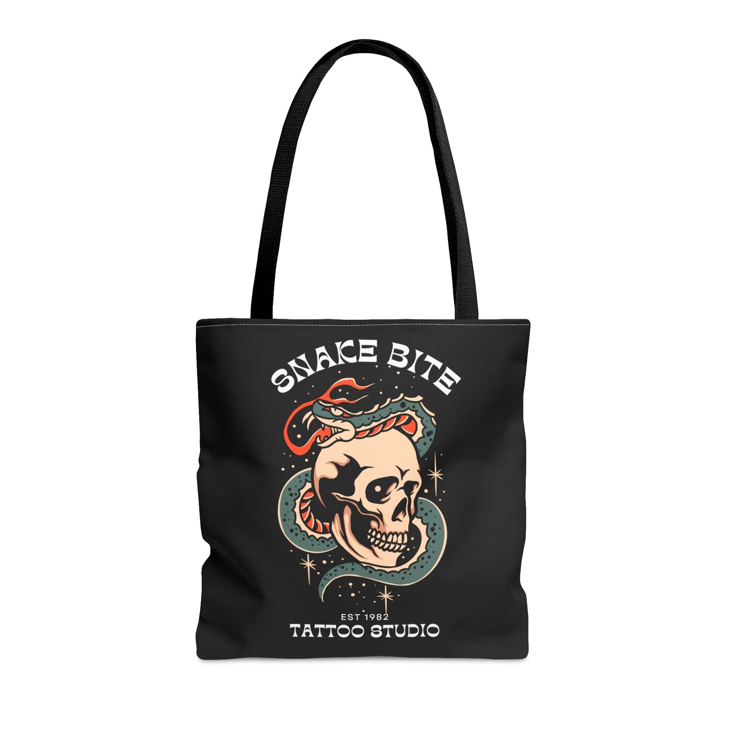 Snake Bite Tattoo Studio Black Tote Bag - Foxlark Crystal Jewelry