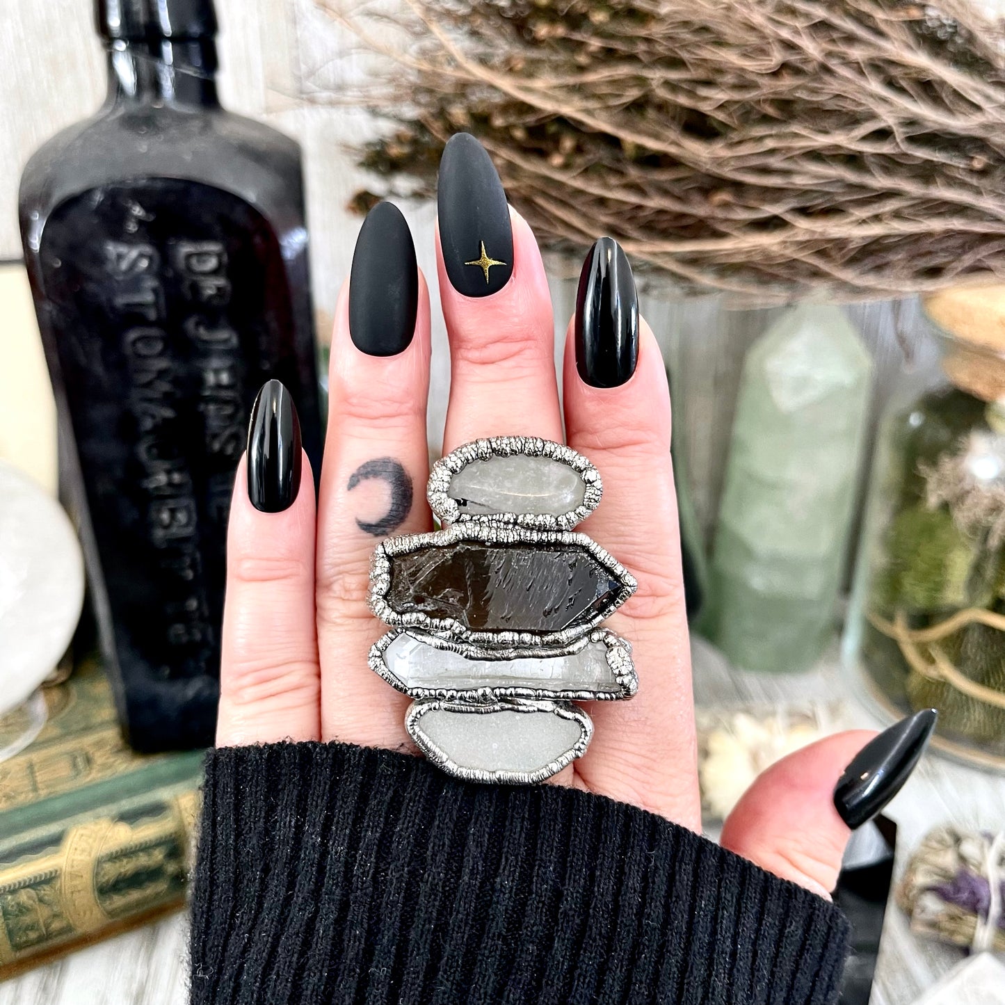 Size 7.5 Crystal Ring - Four Stone Sea Glass Tourmaline Quartz Smokey and Clear Quartz Ring In Silver  / Foxlark - One of a Kind