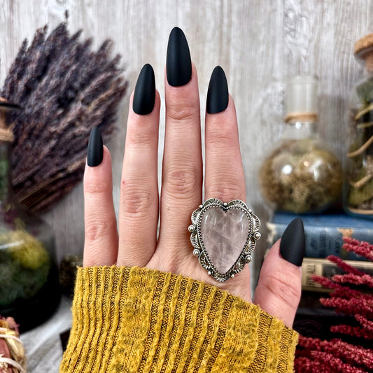 Rose Quartz Heart Crystal Statement Ring in Sterling Silver- Designed by FOXLARK Collection Adjusts to size 6,7,8,9, 10 / Gothic Jewelry