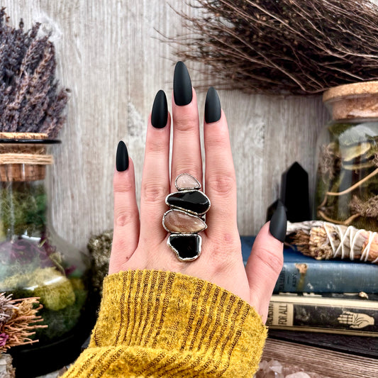 Multi Stone Black Obsidian Sun Stone Rose Quartz Ring In Silver Size 8 / Foxlark Collection