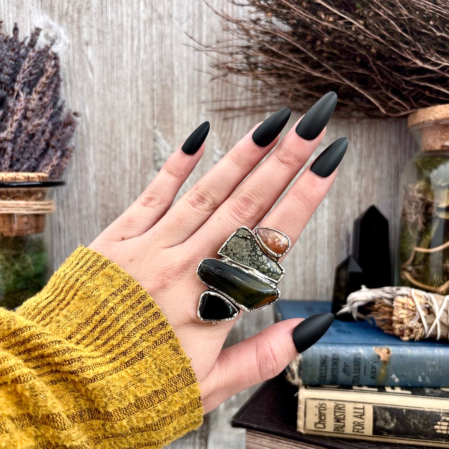 Silver ring featuring multi-stone obsidian, marcasite, blue tiger's eye, and sun stone in size 8 from FOXLARK collection.