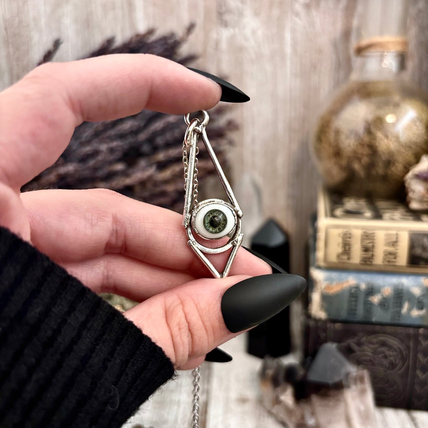 Moss & Moon Collection - Green Iris Glass Eye Necklace set Fine Silver /