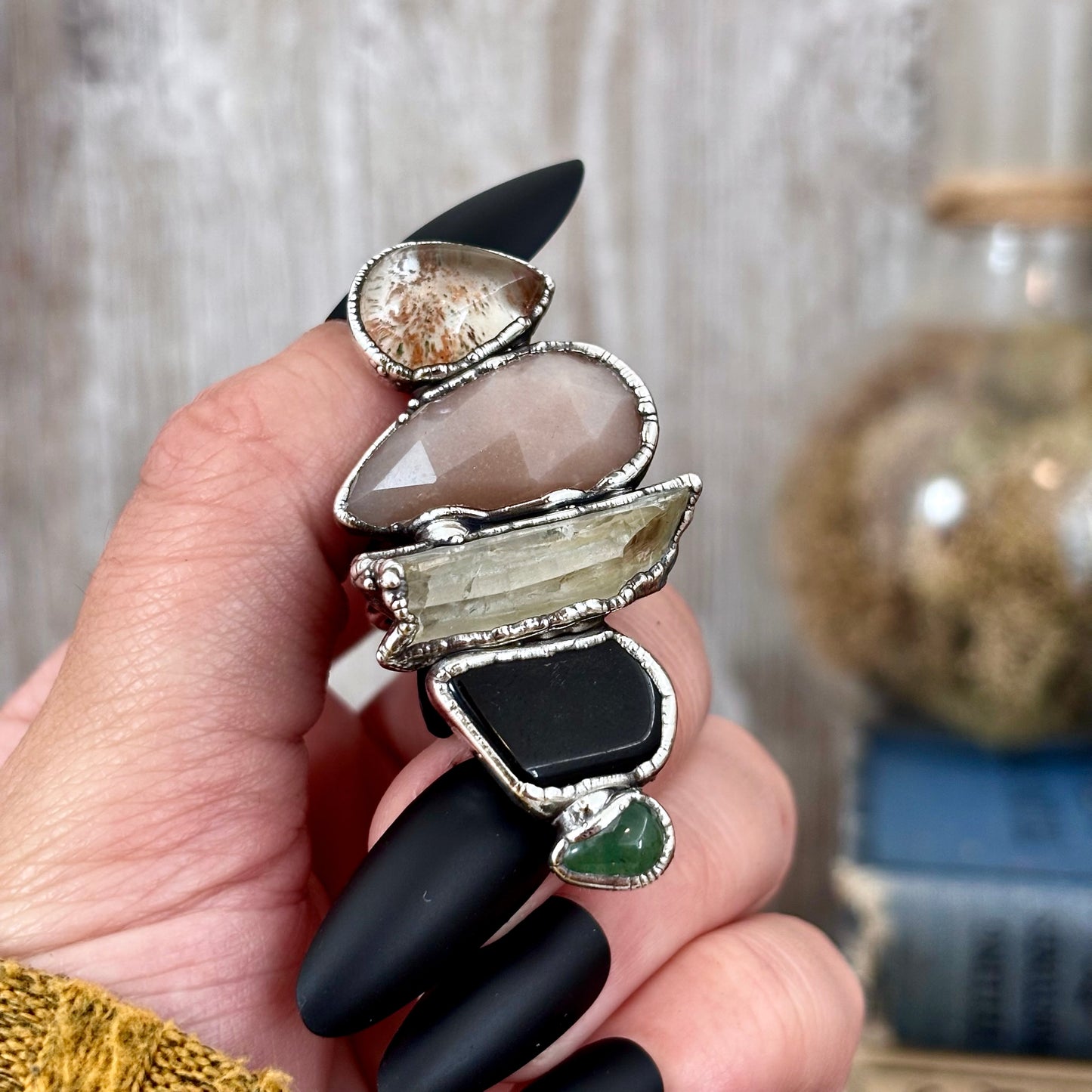 Multi Stone Aventurine Obsidian Clear Quartz Peach Moonstone Garden Quartz Ring In Silver Size 8 / Foxlark Collection