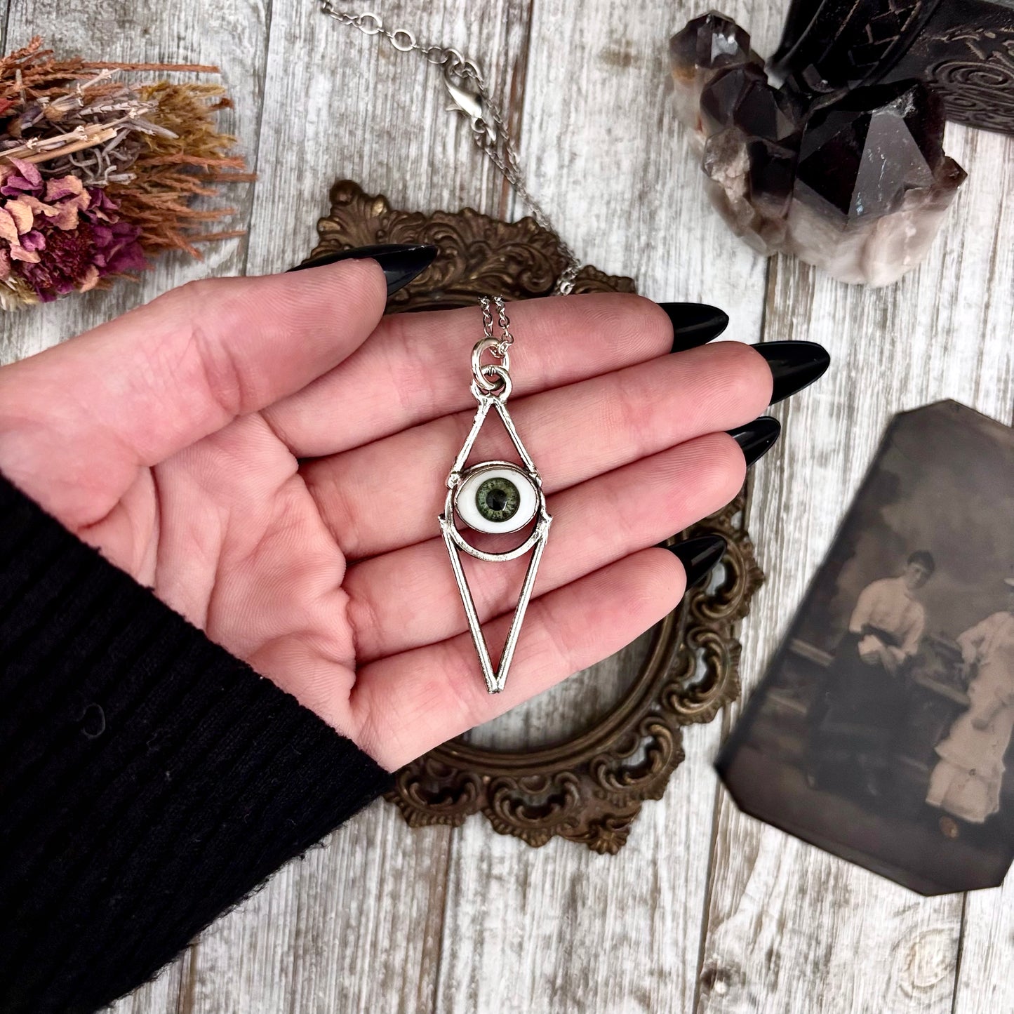 Moss & Moon Collection - Green Iris Glass Eye Necklace set Fine Silver /