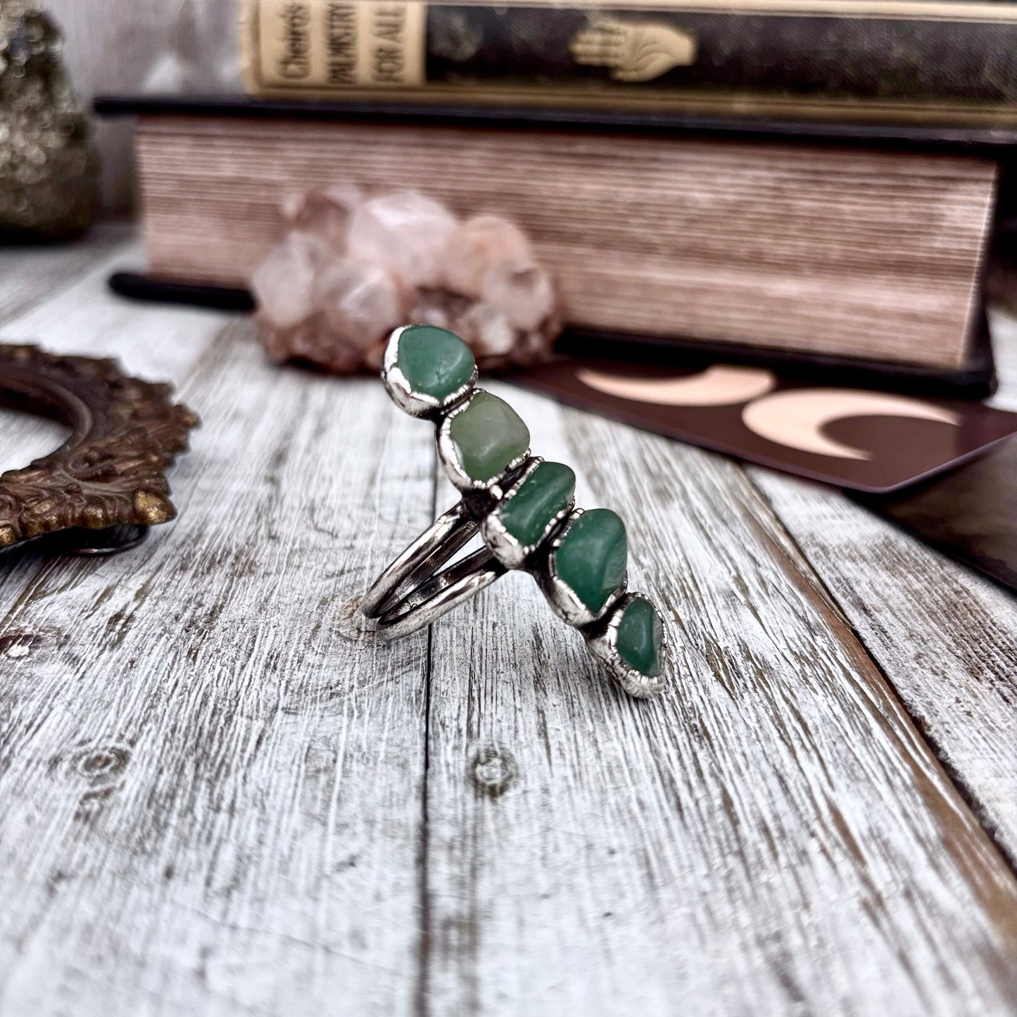 Multi Stone Aventurine Crystal Ring Set in Fine Silver Size 9 / Foxlark Collection - One of a Kind