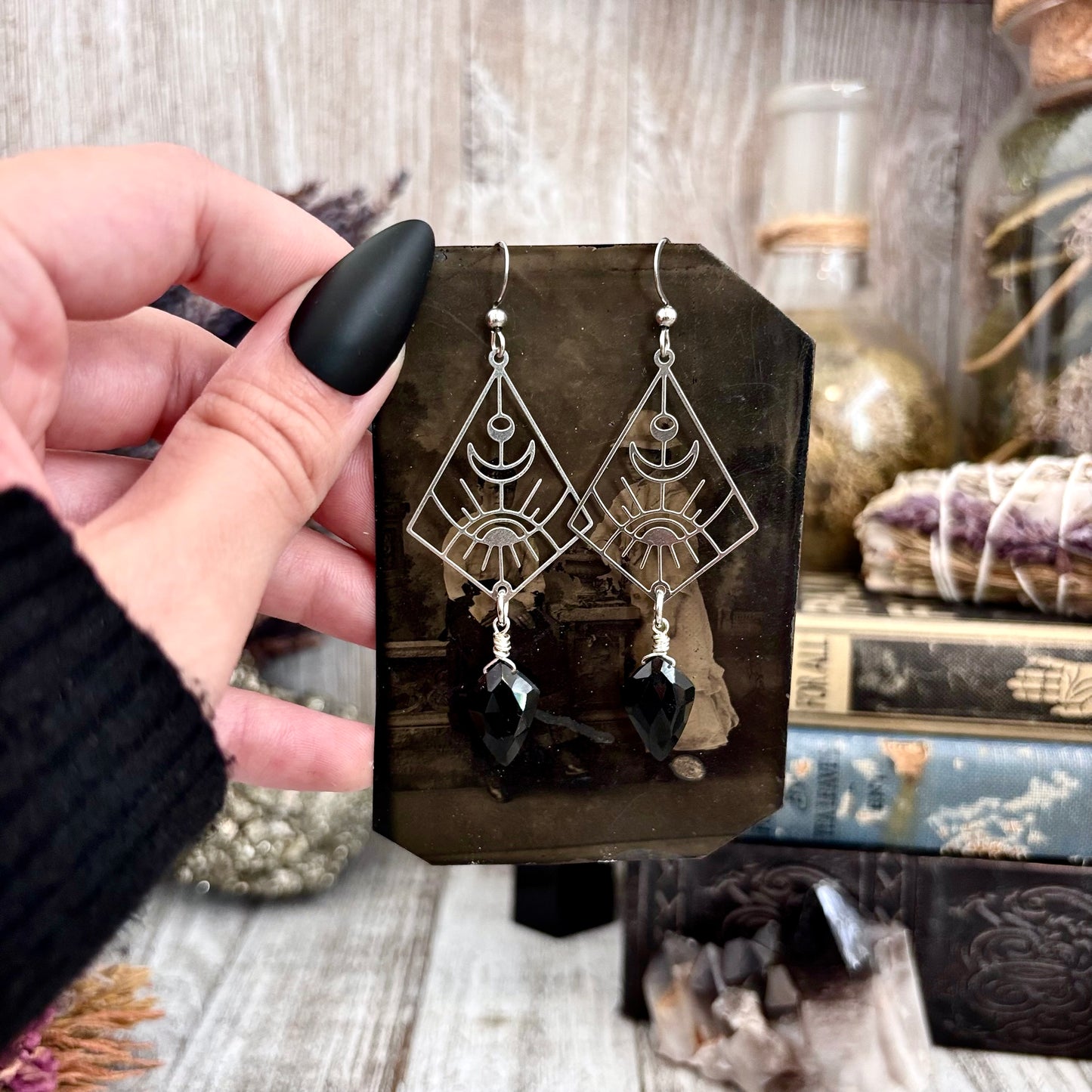 Geometric Eye Black Onyx Earrings Stainless Steel Earrings / Long Dangly Geometric Earrings