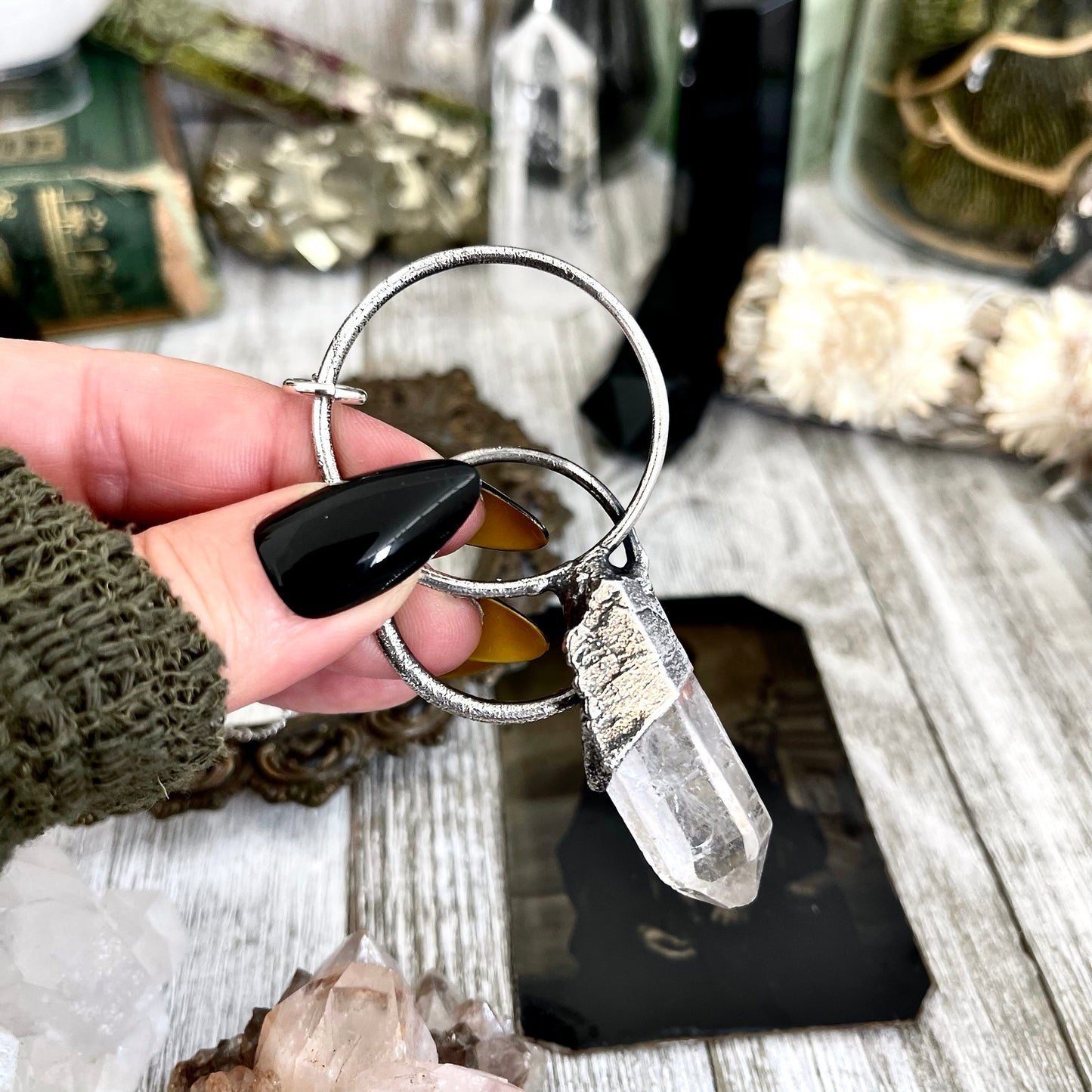Big clear quartz crystal necklace in fine silver from the Foxlark Collection, featuring a one-of-a-kind design.